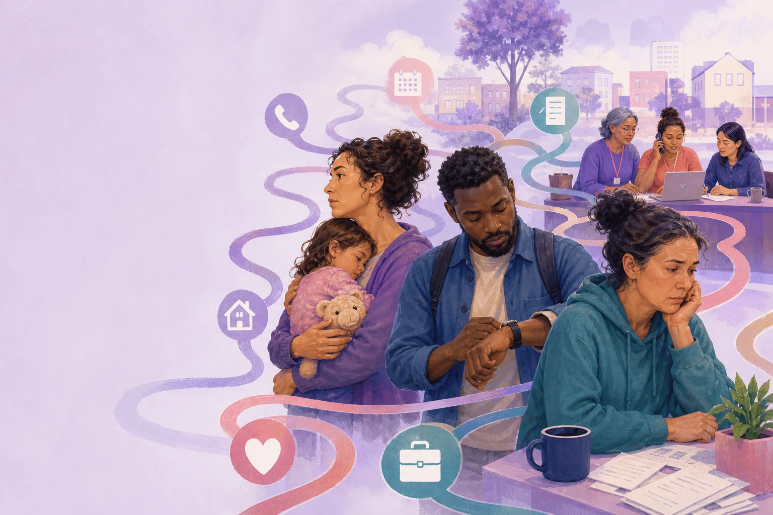 People balancing connected caring, health, work, housing and money pressures while a small support team handles multiple routes