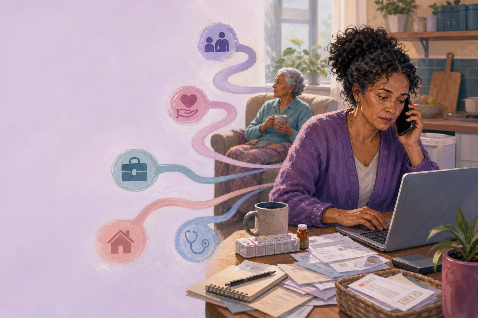 An unpaid carer balancing work, medicines, calls and household responsibilities while supporting an older relative