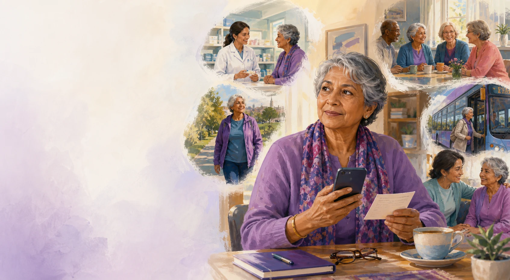 An active older adult considering health, transport, community and wellbeing support options