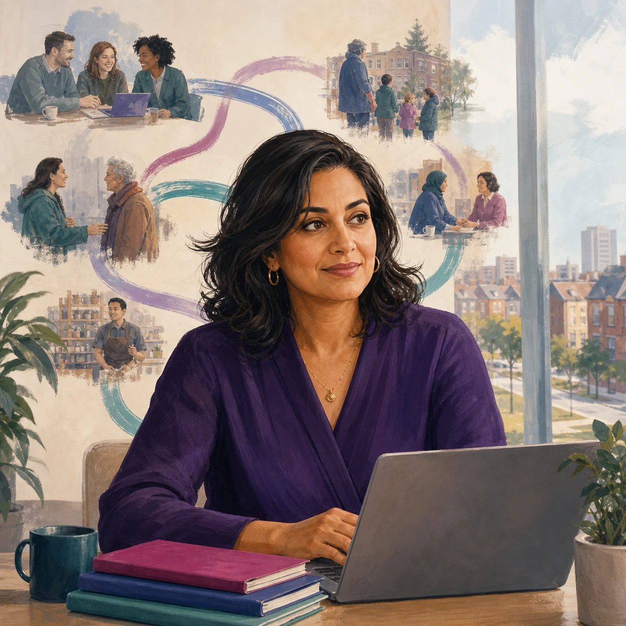 Illustrated portrait representing Leah, a corporate service lead