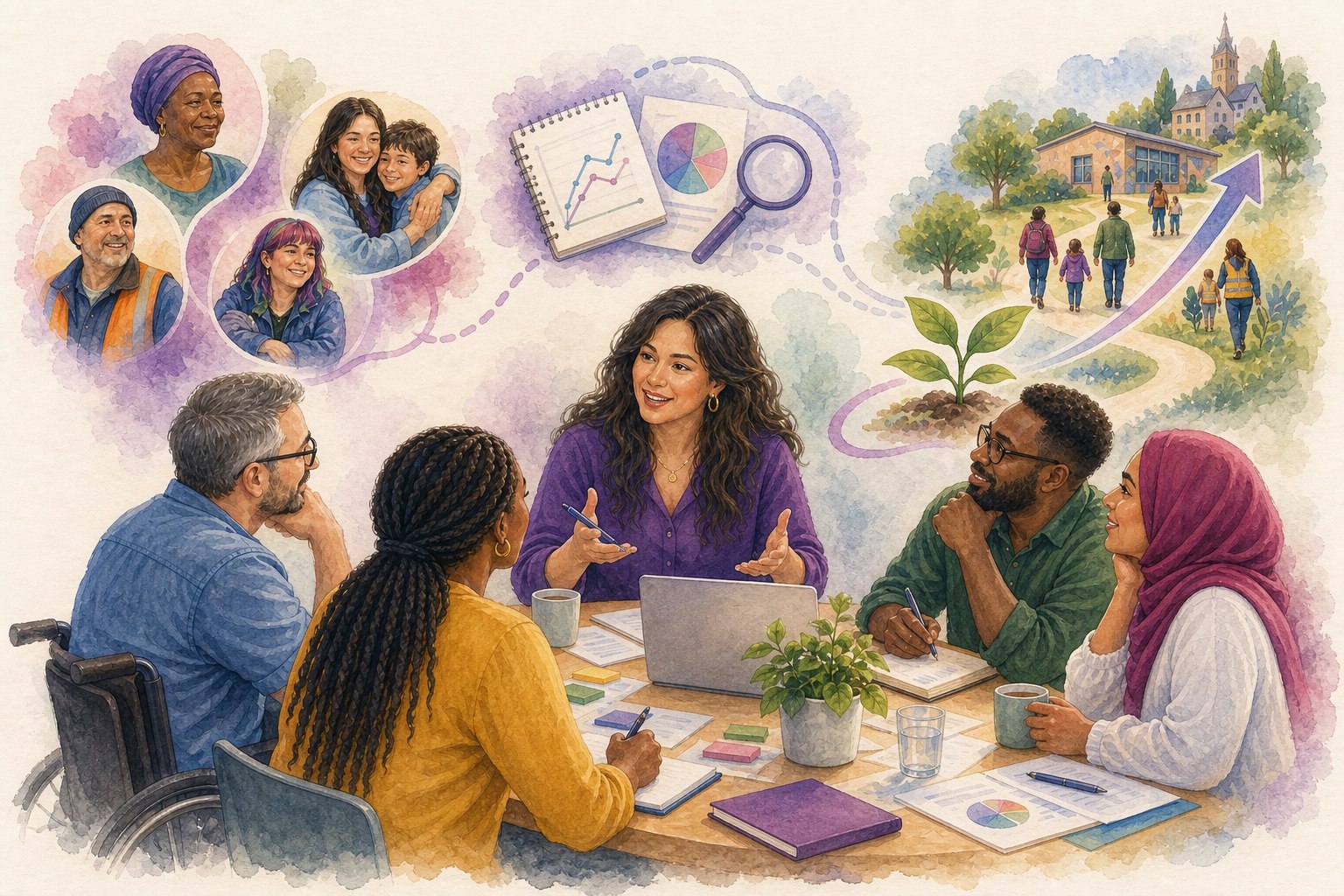 A social impact advisor helping a team connect people's experiences, evidence and community outcomes
